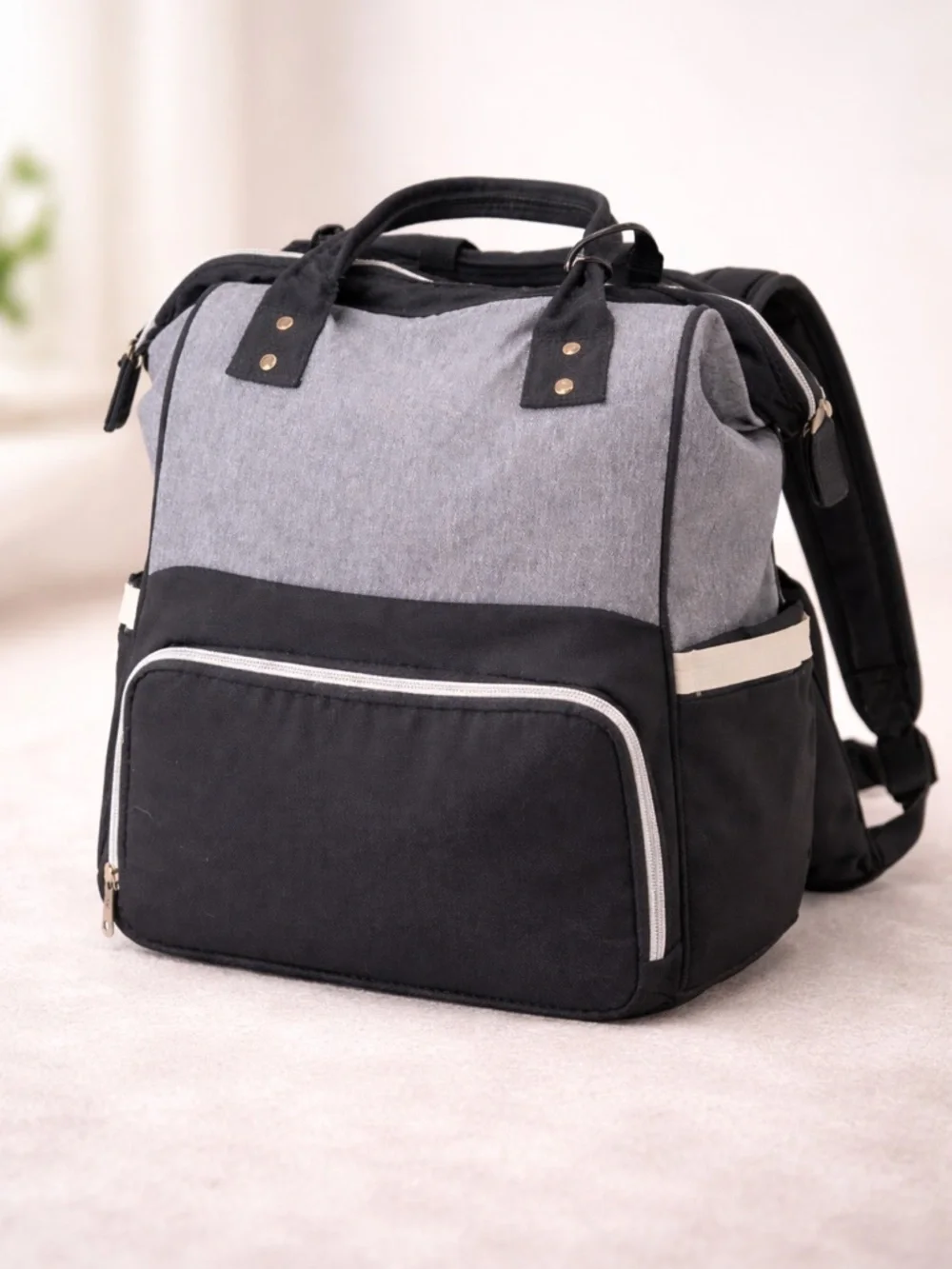 Diaper Bag Backpack Gray Black Insulated Bottom Cooler Multi Pocket